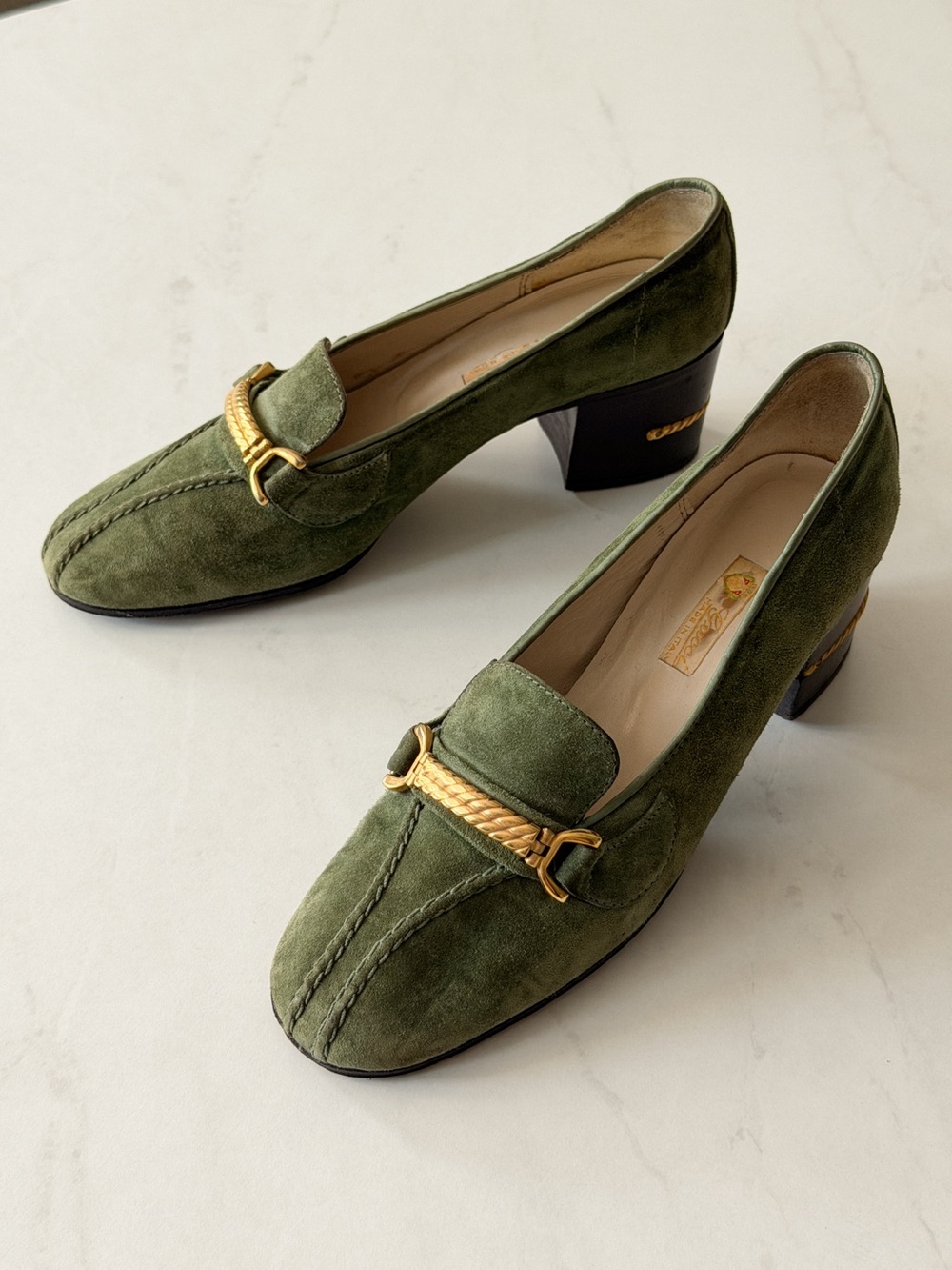 Vintage Gucci Green Suede Horsebit Block Heel Loafers